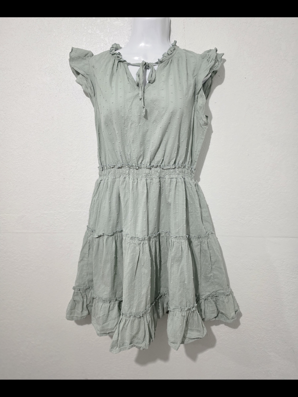 Sweet Wanderer Sage Green Swiss Dot Tiered Dress - Size XL